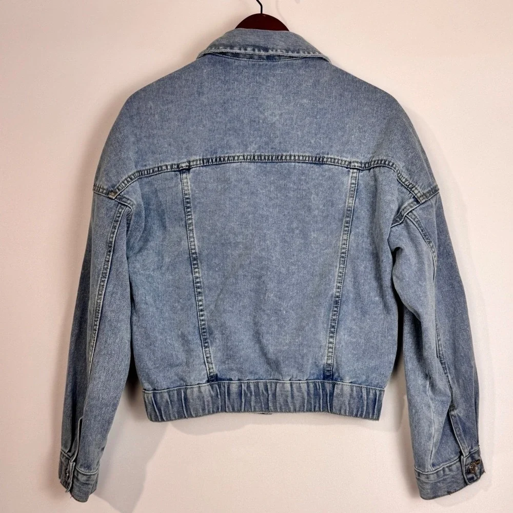 Refuge Denim Jacket Women S Blue Cropped Elastic Hem Light Wash Jean Bomber